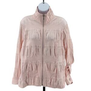 Christopher & Banks Jacket WMNS PL Full Zip Blush Pink Paisley Shirred Mock Neck